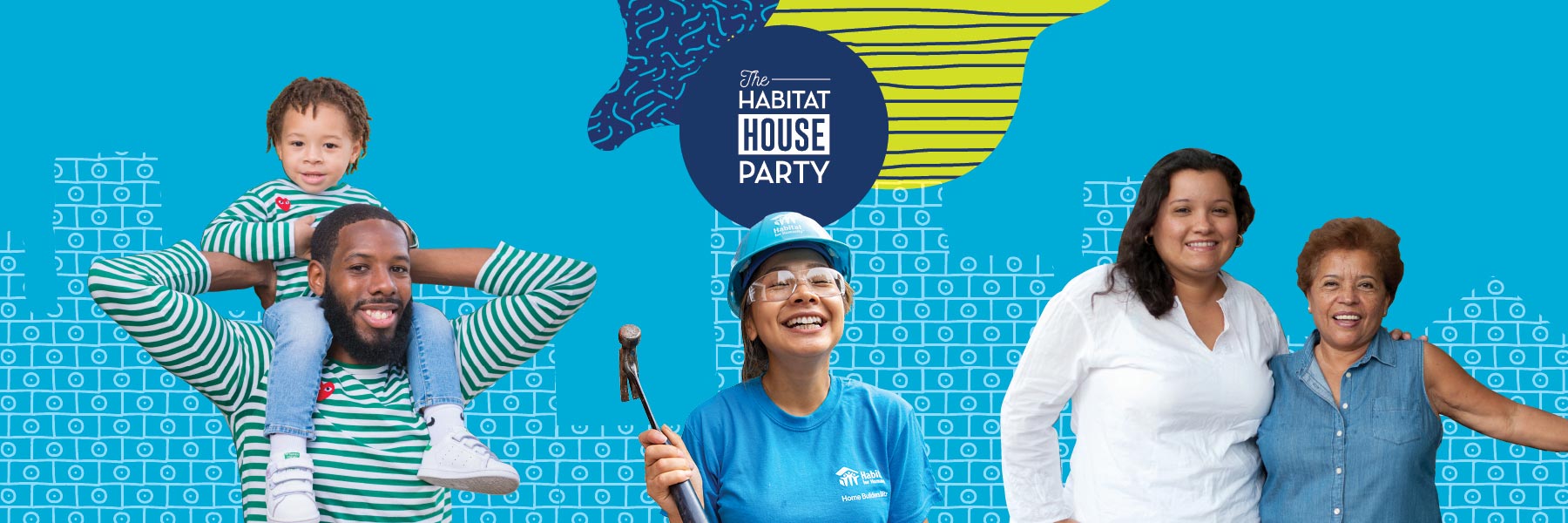 Graphic with 5 people standing by a logo for The Habitat House Party